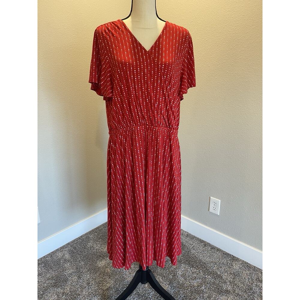 Lands' End Women's Large Red Polka Dot Faux Wrap Short Sleeve Dress